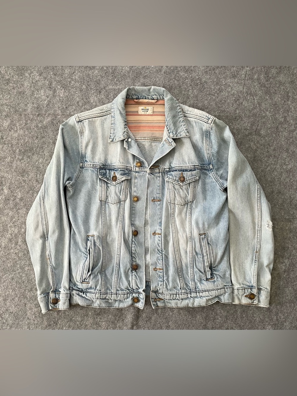 Marine Layer Denim Jacket Womens S Light Wash Distressed Trucker Striped Lining